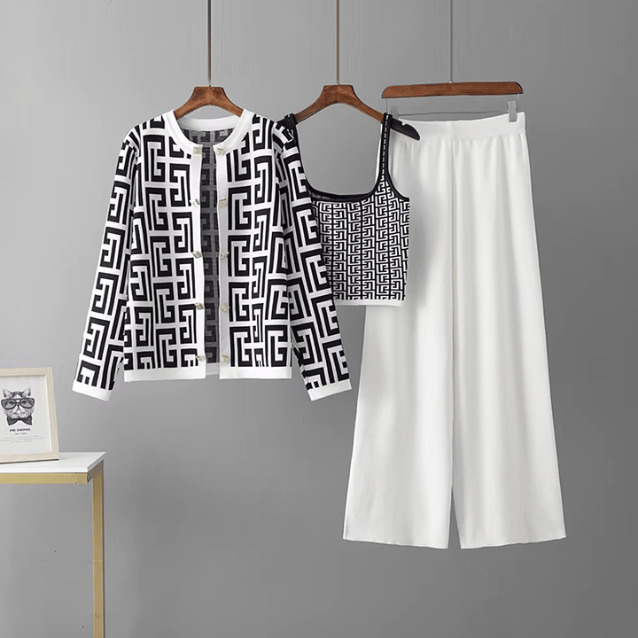 Avery™ - Traje de Tres Piezas con Cuello Redondo y Estilo Retro de Laberinto a Cuadros