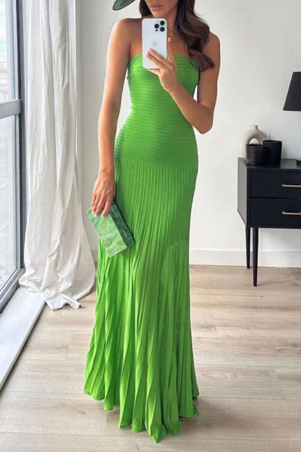 DESIREE - VESTIDO MAXI SIN TIRANTES DE PUNTO PLISADO ESMERALDA