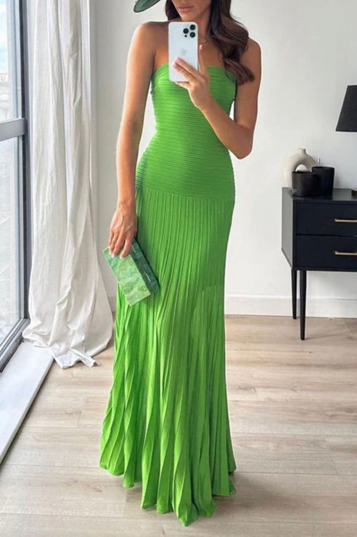 DESIREE - VESTIDO MAXI SIN TIRANTES DE PUNTO PLISADO ESMERALDA