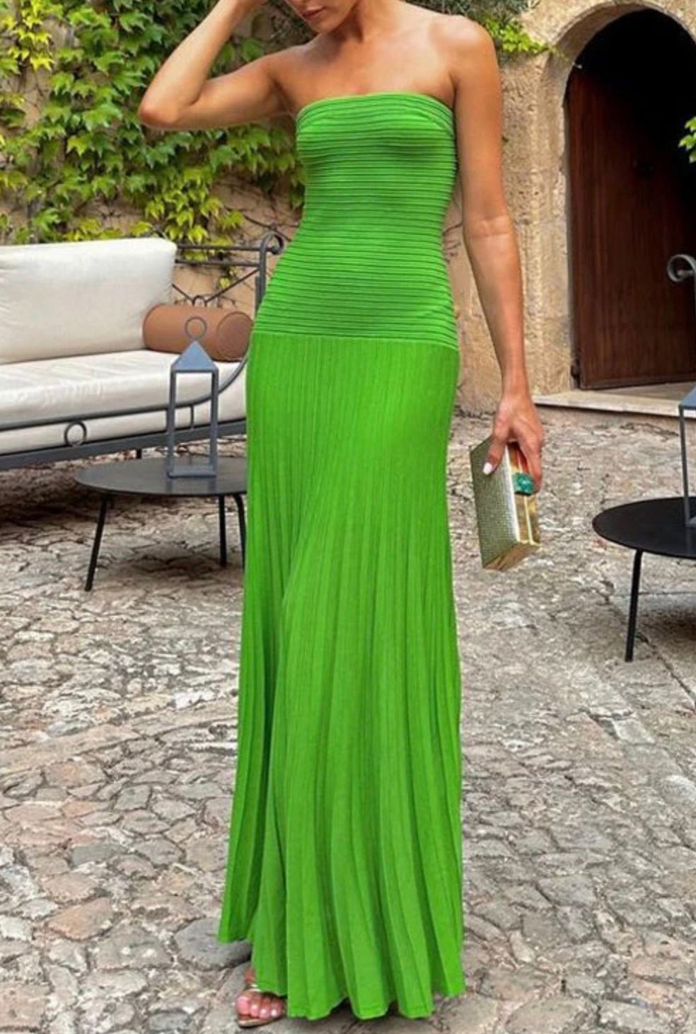 DESIREE - VESTIDO MAXI SIN TIRANTES DE PUNTO PLISADO ESMERALDA