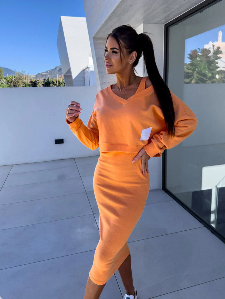 LARISA – CONJUNTO DE VESTIDO MIDI CON SUÉTER SUAVE