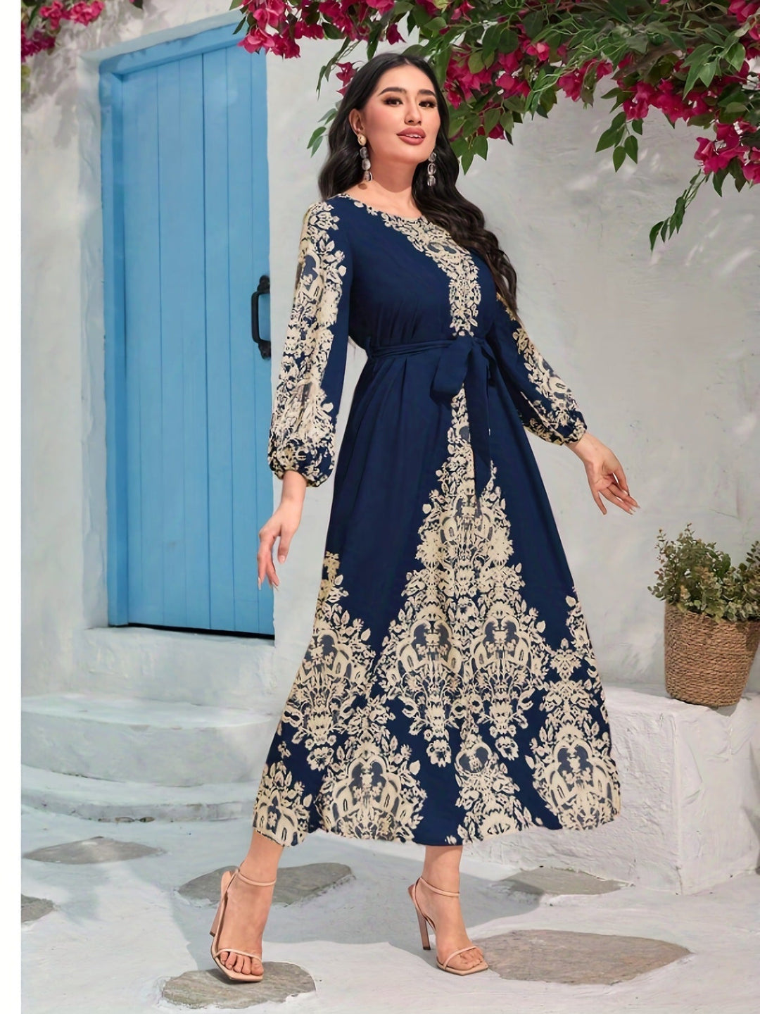 TATIANA - VESTIDO MAXI FLORAL AZUL MARINO CON ESCOTE EN V