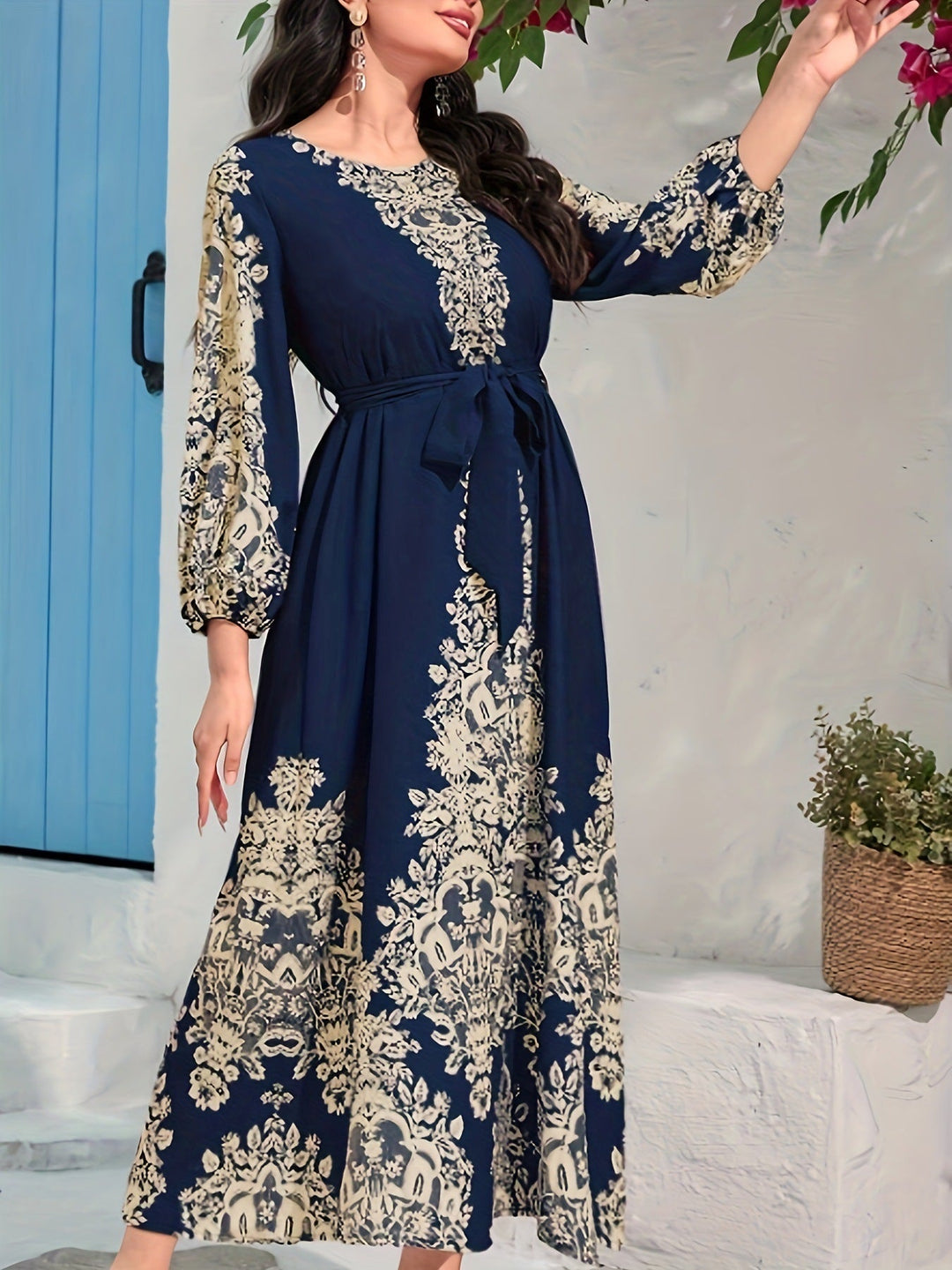 TATIANA - VESTIDO MAXI FLORAL AZUL MARINO CON ESCOTE EN V