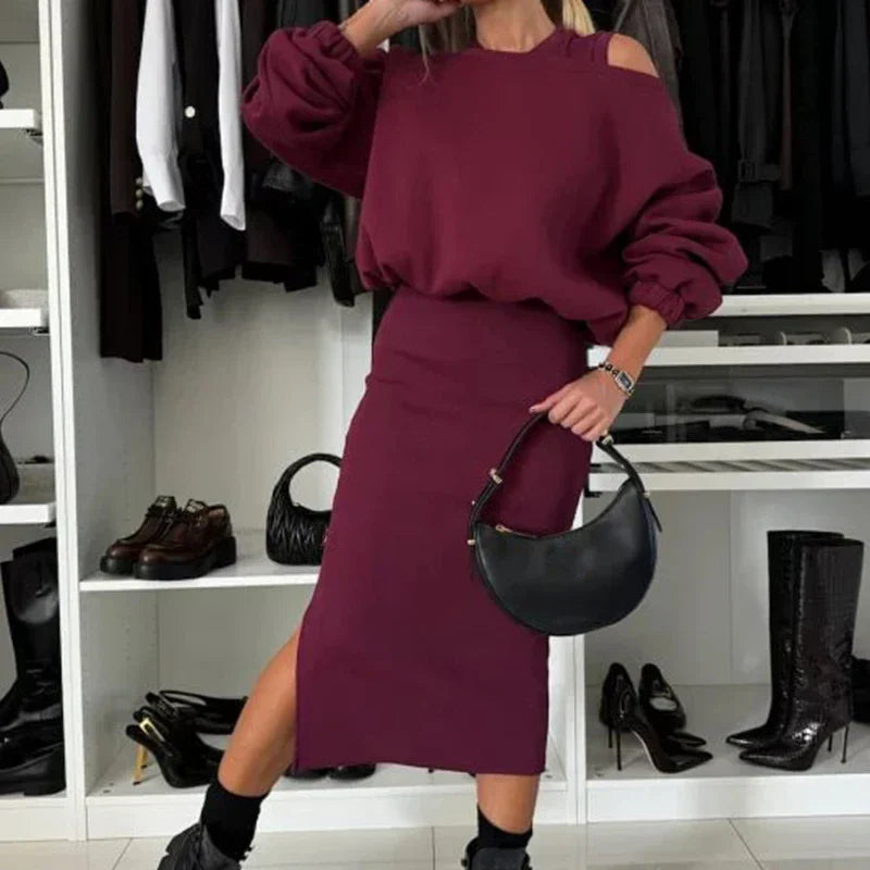 TRISHELLE - CONJUNTO DE VESTIDO CON ABERTURA ESTILO STREET CHIC A LA MODA