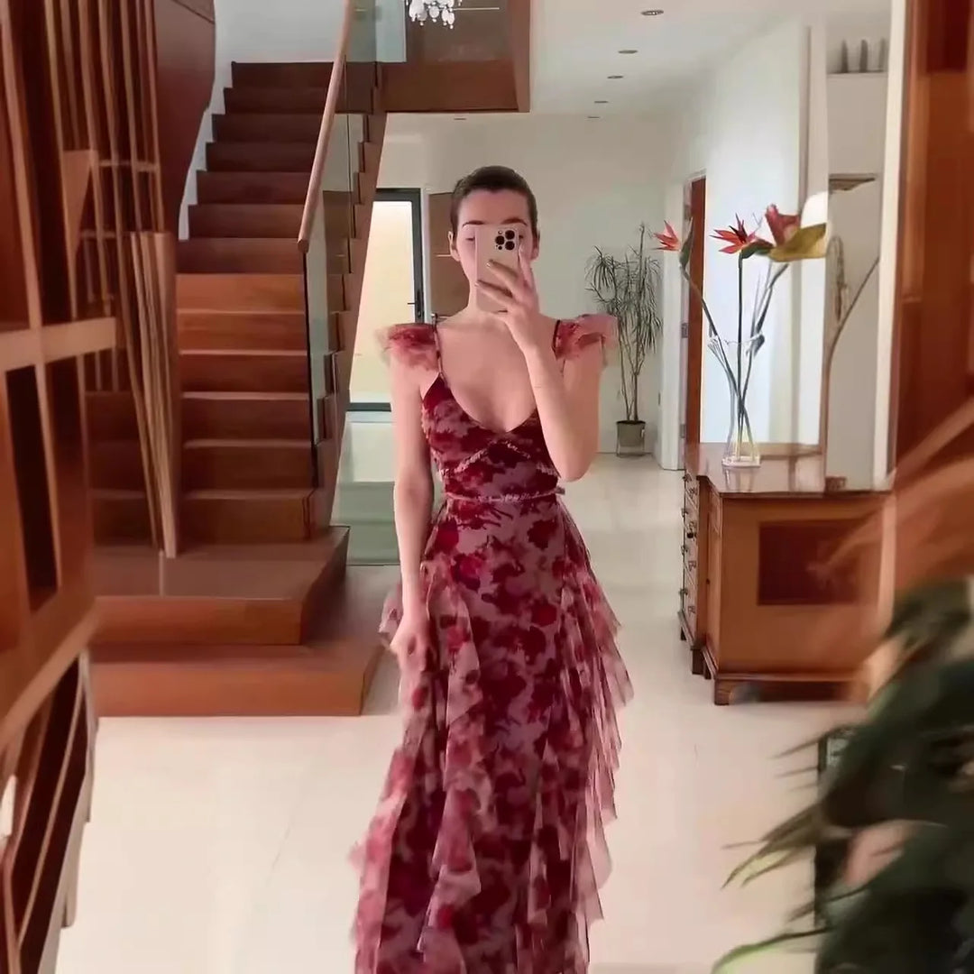 MONIQUE - VESTIDO CON DETALLE FLORAL Y VOLANTES