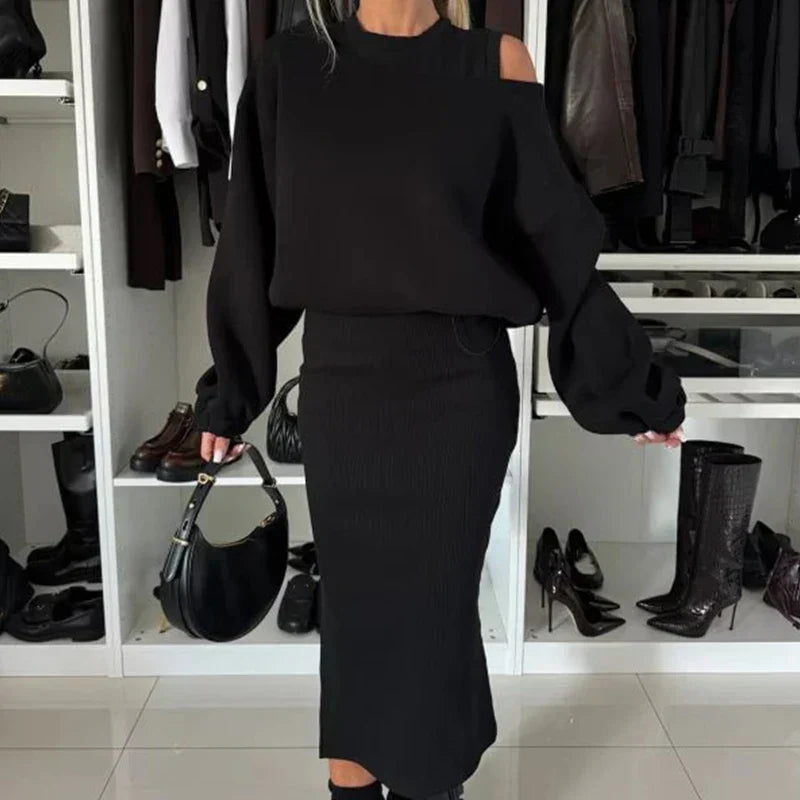 TRISHELLE - CONJUNTO DE VESTIDO CON ABERTURA ESTILO STREET CHIC A LA MODA