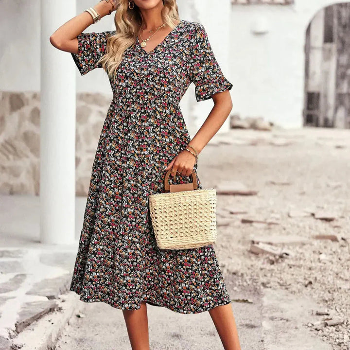 PAULA - VESTIDO FLORAL ELEGANTE CON ESCOTE EN V