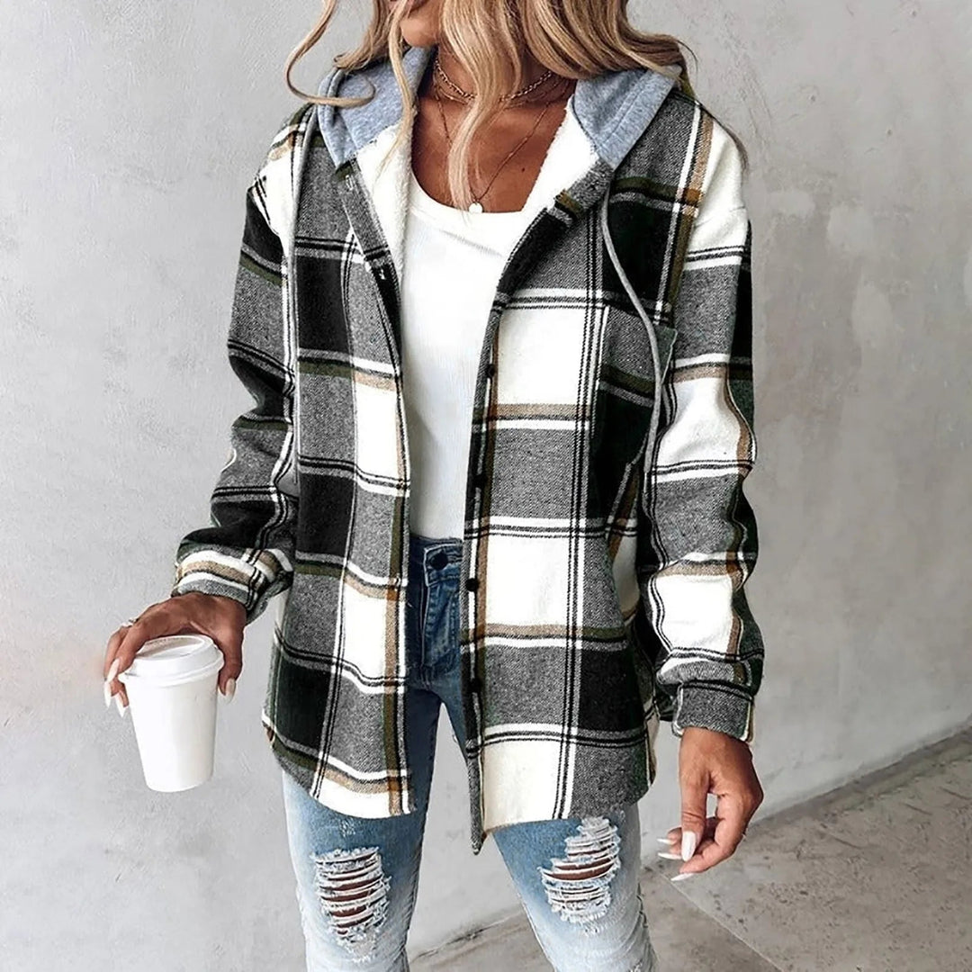 PAIGE™ | Chaqueta con Capucha de Cuadros Chic de Manga Larga y Botones