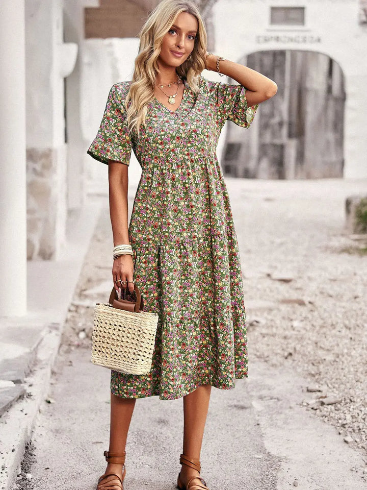 PAULA - VESTIDO FLORAL ELEGANTE CON ESCOTE EN V