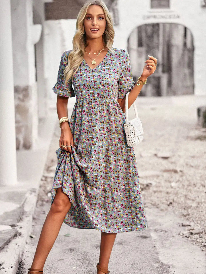PAULA - VESTIDO FLORAL ELEGANTE CON ESCOTE EN V