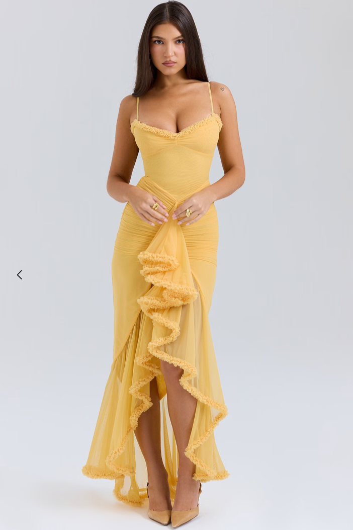Fauna - Vestido de Fiesta con Volantes Fruncidos y Cola de Golondrina