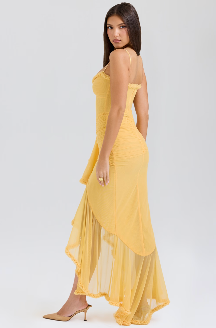 Fauna - Vestido de Fiesta con Volantes Fruncidos y Cola de Golondrina