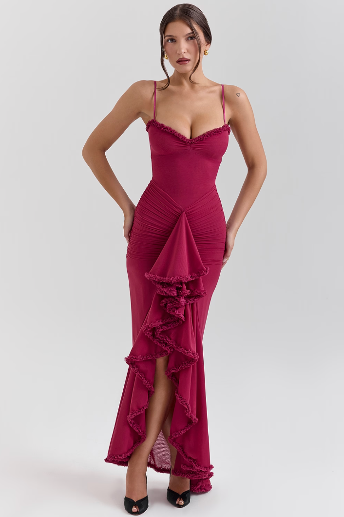 Fauna - Vestido de Fiesta con Volantes Fruncidos y Cola de Golondrina