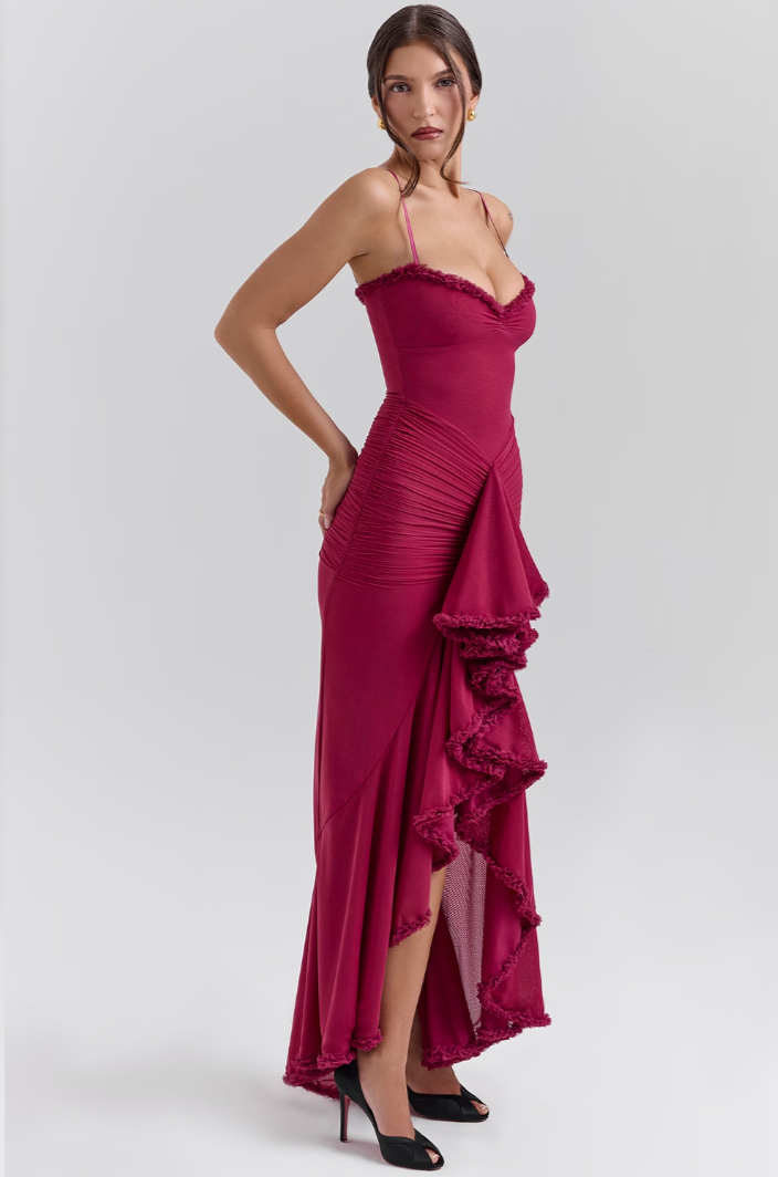 Fauna - Vestido de Fiesta con Volantes Fruncidos y Cola de Golondrina