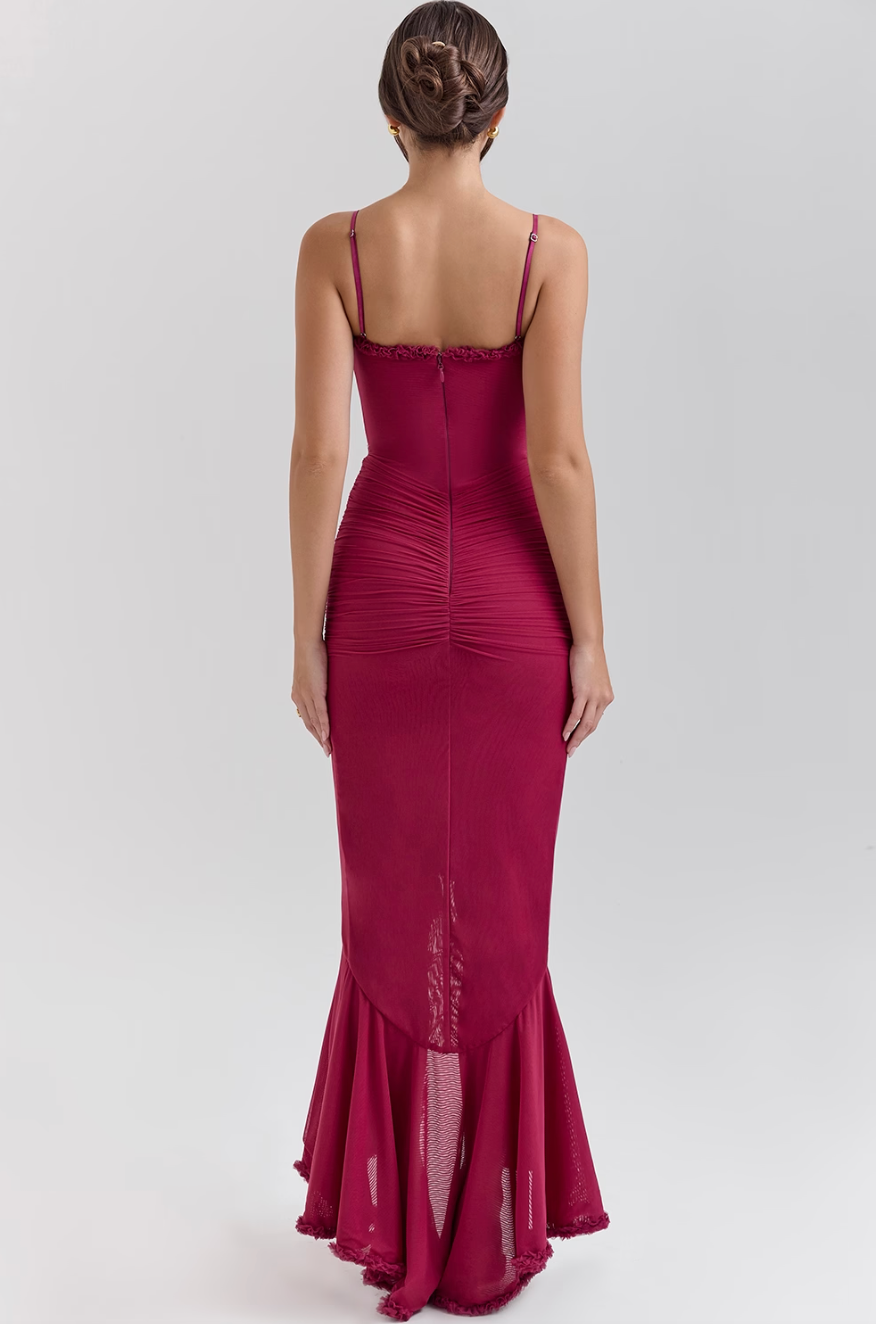 Fauna - Vestido de Fiesta con Volantes Fruncidos y Cola de Golondrina