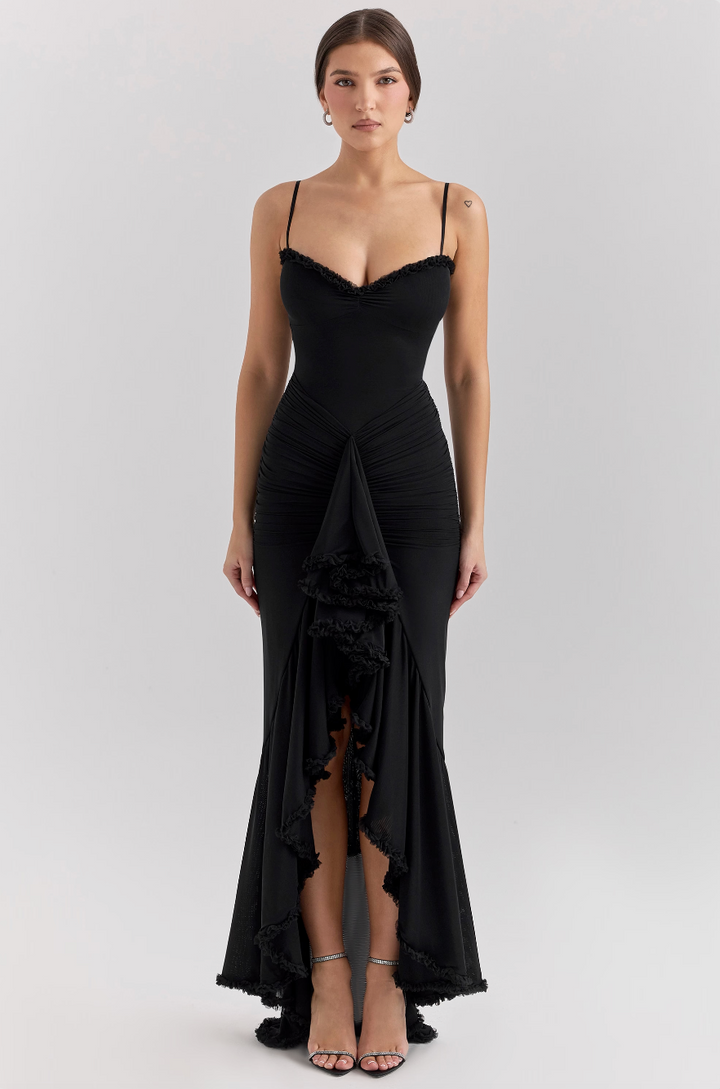 Fauna - Vestido de Fiesta con Volantes Fruncidos y Cola de Golondrina