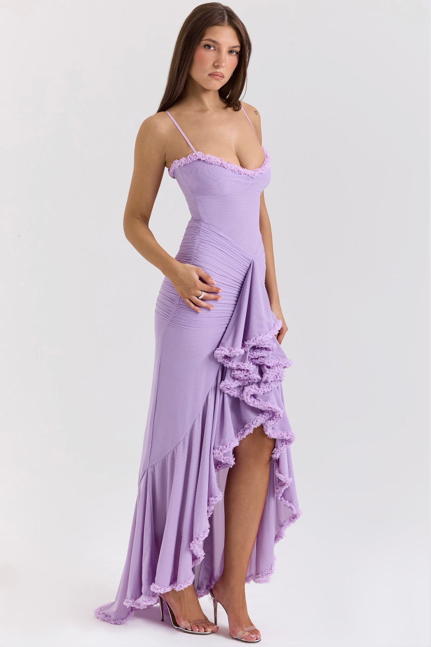 Fauna - Vestido de Fiesta con Volantes Fruncidos y Cola de Golondrina