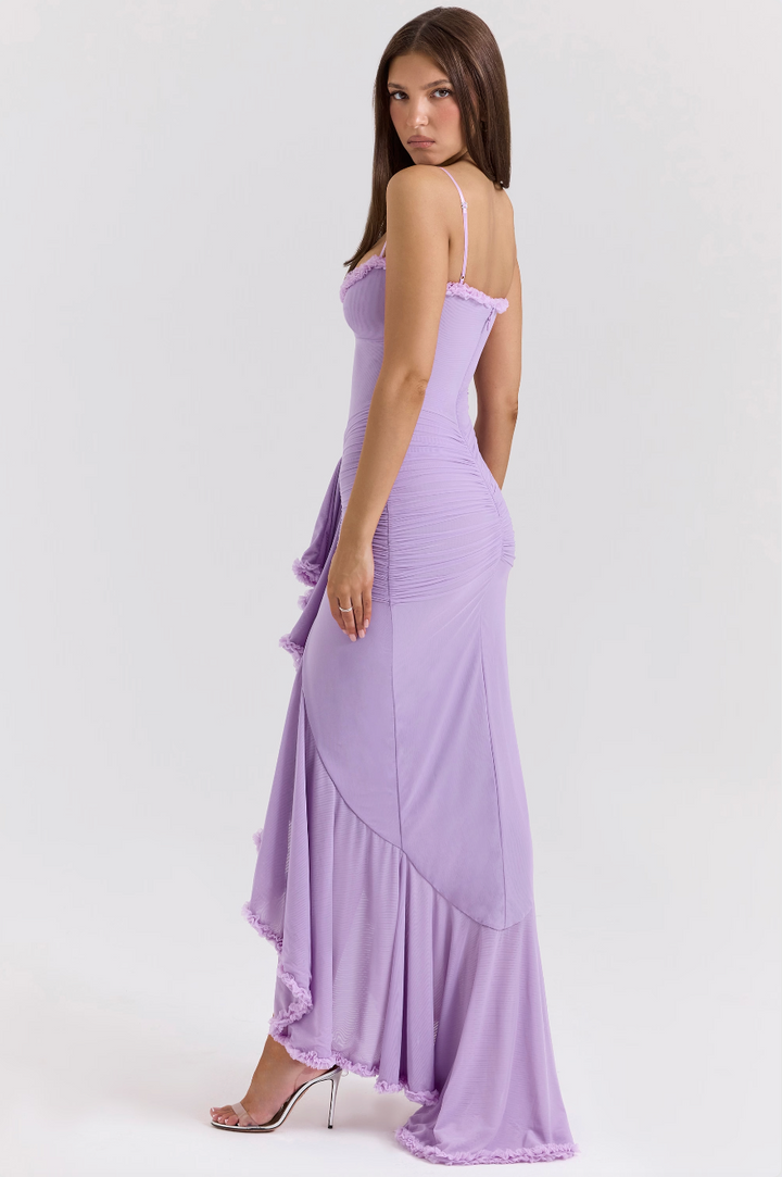 Fauna - Vestido de Fiesta con Volantes Fruncidos y Cola de Golondrina