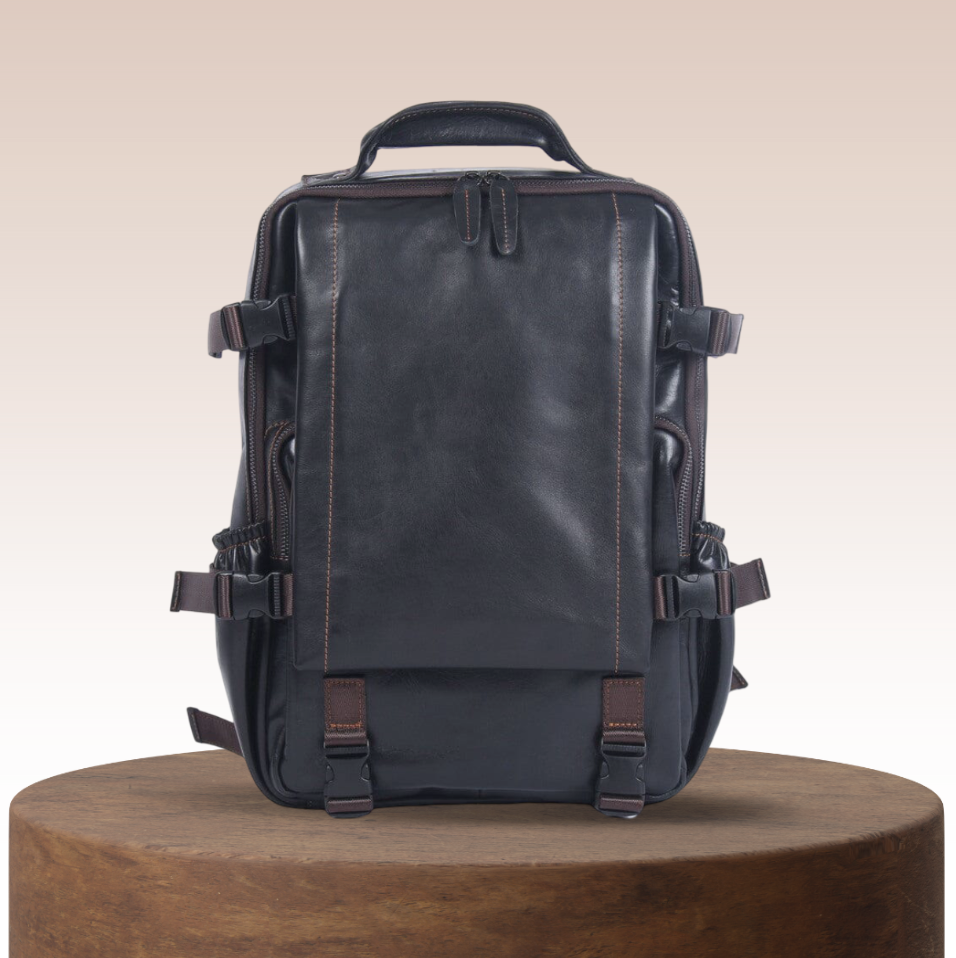 John | Mochila de Cuero Negro para Hombre para Trabajo y Viaje