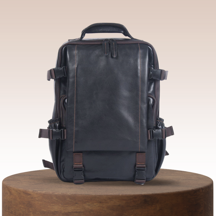 John | Mochila de Cuero Negro para Hombre para Trabajo y Viaje