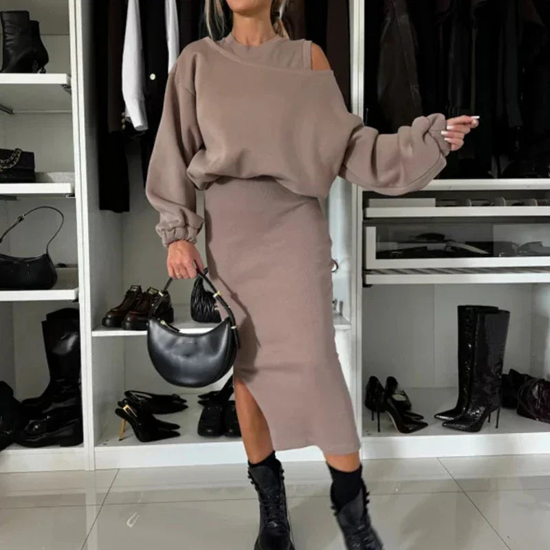 TRISHELLE - CONJUNTO DE VESTIDO CON ABERTURA ESTILO STREET CHIC A LA MODA