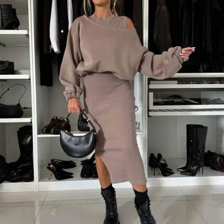 TRISHELLE - CONJUNTO DE VESTIDO CON ABERTURA ESTILO STREET CHIC A LA MODA