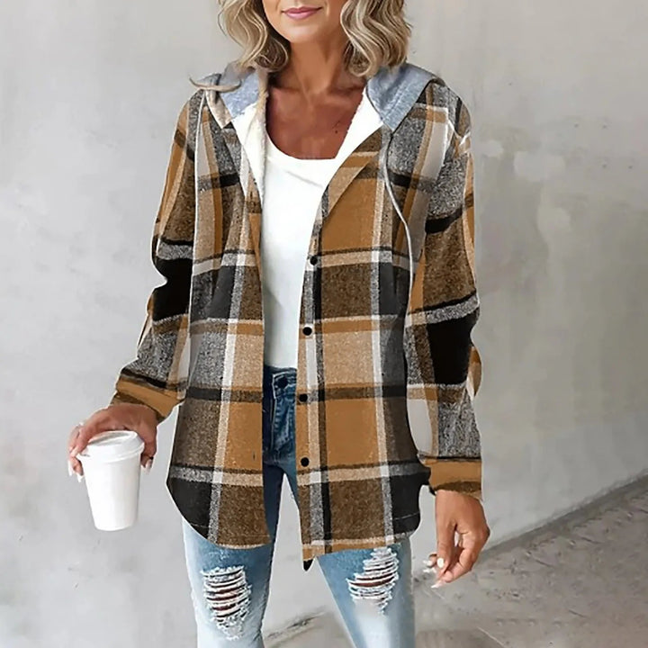 PAIGE™ | Chaqueta con Capucha de Cuadros Chic de Manga Larga y Botones