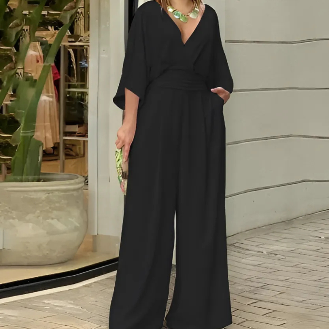 SOLIVEN - MONO ELEGANTE DE MANGA FLUIDA Y PANTALÓN ANCHO EN COLOR SÓLIDO