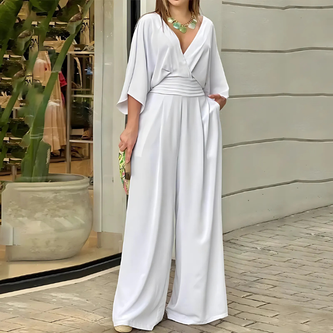 SOLIVEN - MONO ELEGANTE DE MANGA FLUIDA Y PANTALÓN ANCHO EN COLOR SÓLIDO