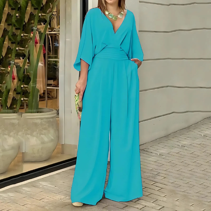 SOLIVEN - MONO ELEGANTE DE MANGA FLUIDA Y PANTALÓN ANCHO EN COLOR SÓLIDO