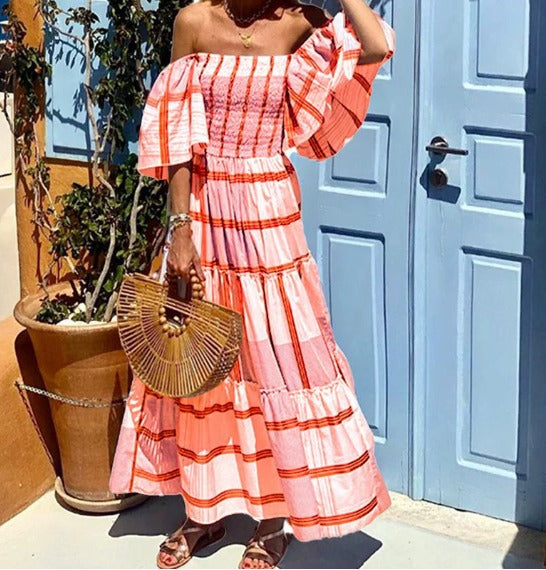 Lily - Vestido Maxi con Volantes, Rayas y Estampado Bandeau