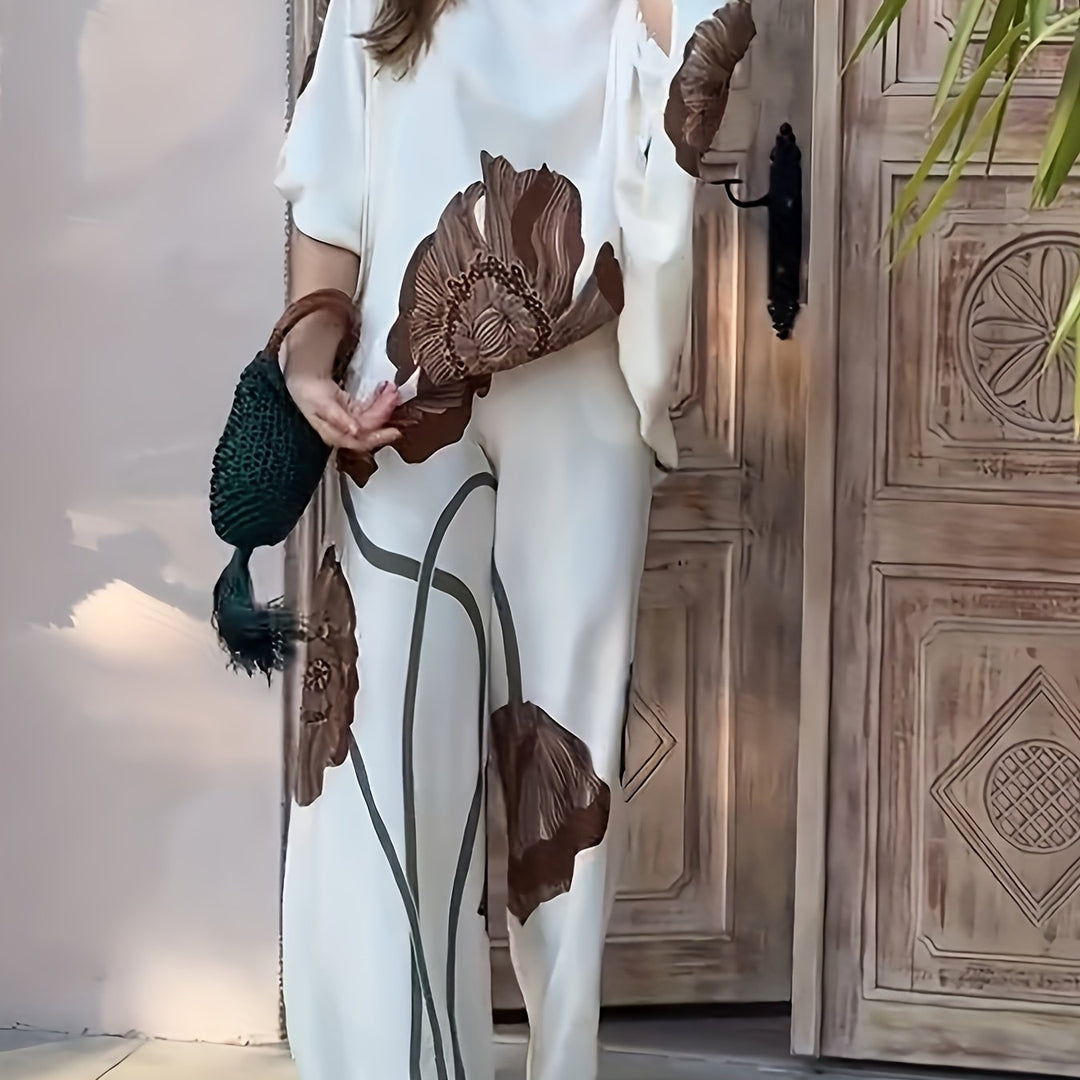 VEGA - CONJUNTO DE BLUSA FLORAL CON HOMBROS DESCUBIERTOS Y PANTALONES