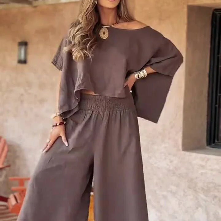 CARLEIGH - CONJUNTO CHIC DE BLUSA HOMBROS DESCUBIERTOS Y PANTALONES