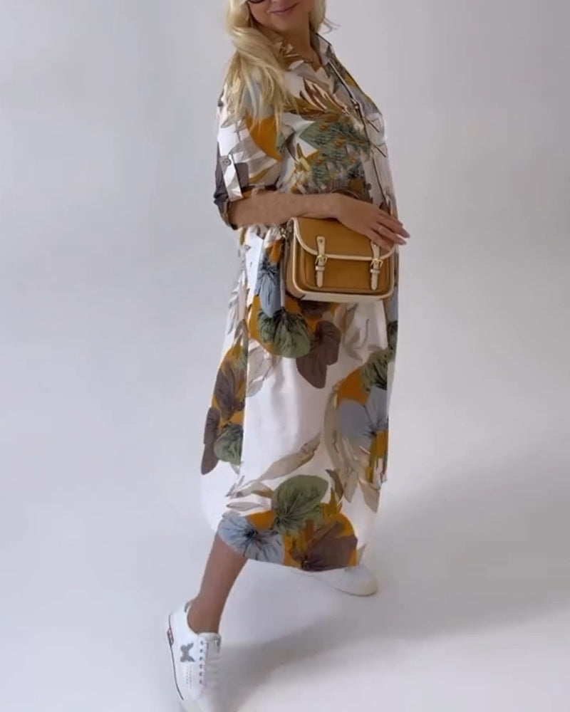 JOPLIN - VESTIDO CASUAL CON ESTAMPADO DE HOJAS Y CUELLO SOLAPA