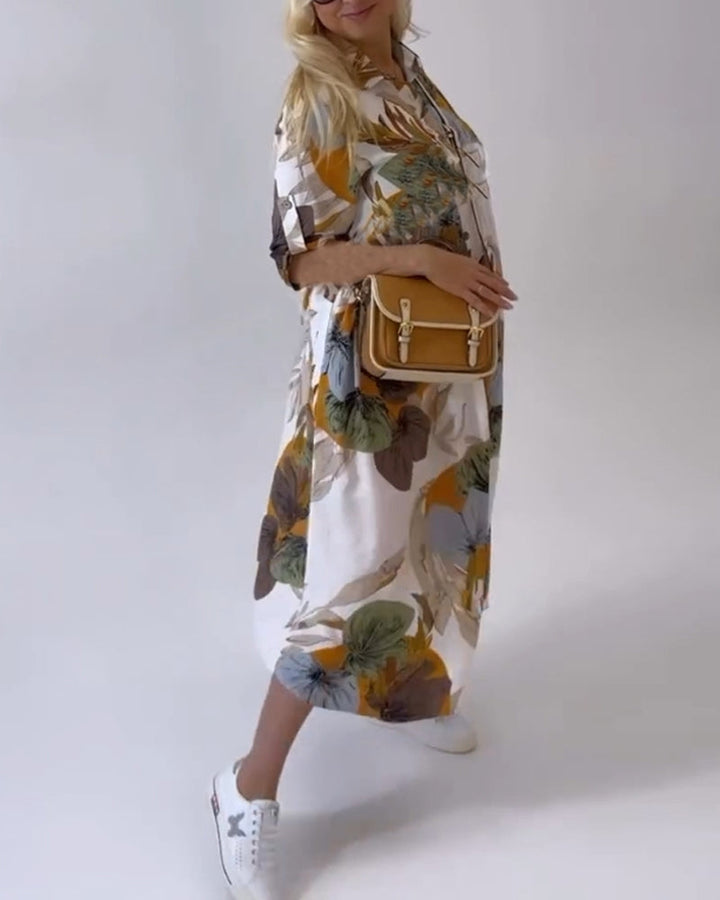 JOPLIN - VESTIDO CASUAL CON ESTAMPADO DE HOJAS Y CUELLO SOLAPA