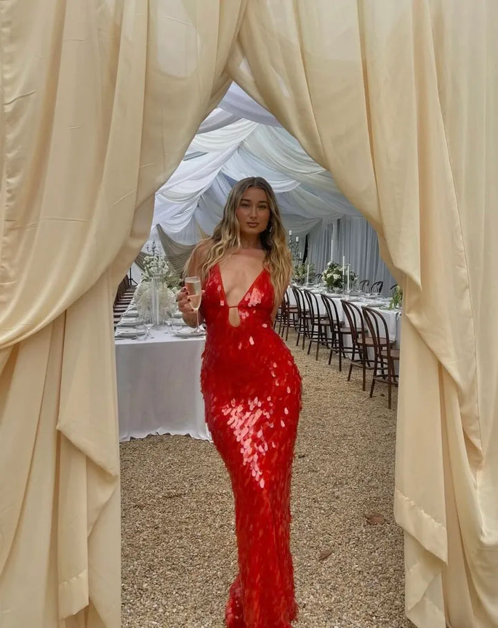 Kalea - Vestido de Tirantes con Lentejuelas Brillantes y Espalda Descubierta