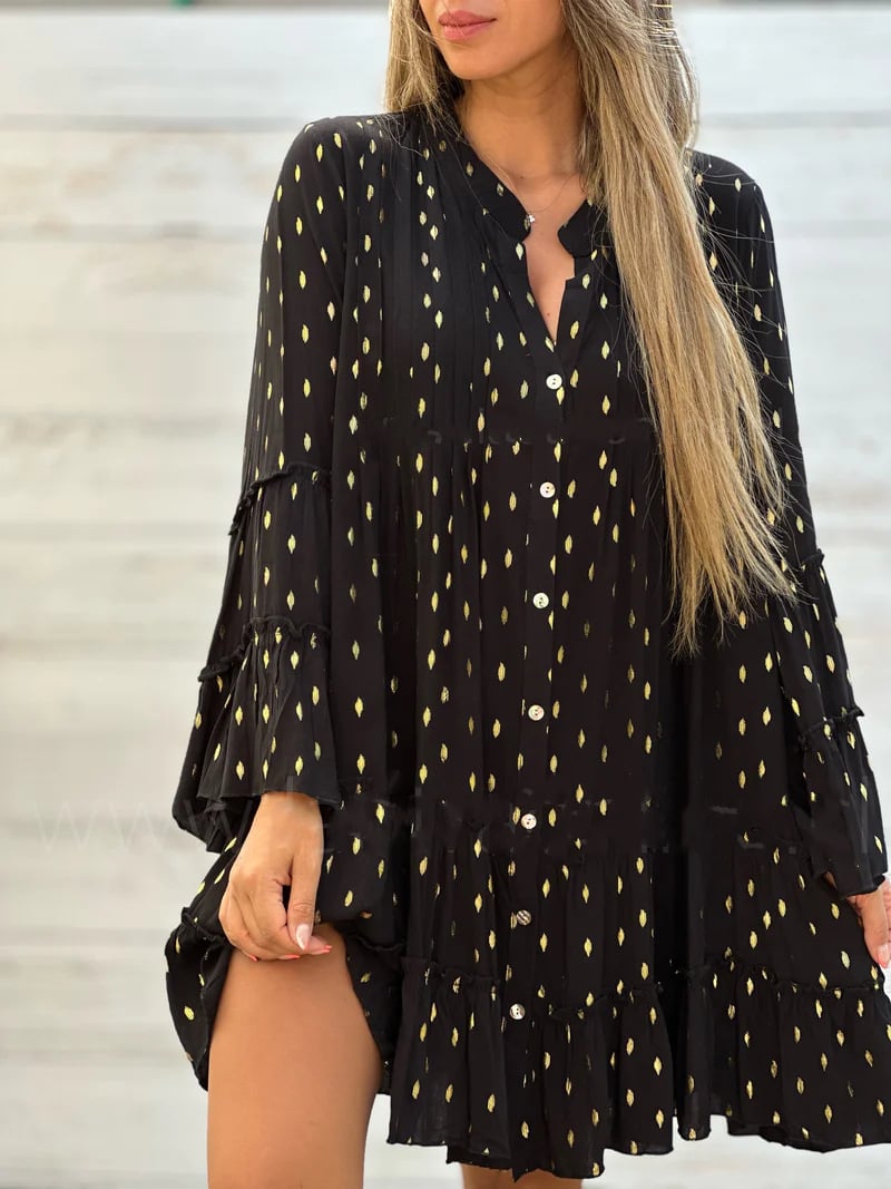ARMEENA - VESTIDO MODERNO DE CORTE SUELTO CON MANGA ACAMPANADA