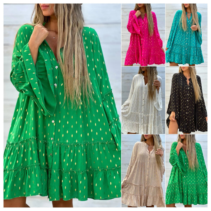 ARMEENA - VESTIDO MODERNO DE CORTE SUELTO CON MANGA ACAMPANADA