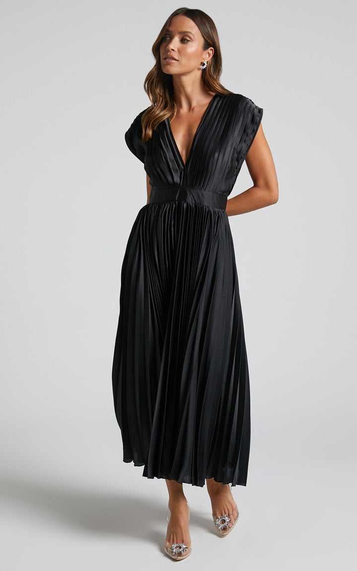 MADISYN - VESTIDO CON FALDA PLISADA Y ESCOTE EN V FLUIDO