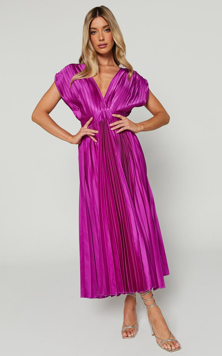 MADISYN - VESTIDO CON FALDA PLISADA Y ESCOTE EN V FLUIDO