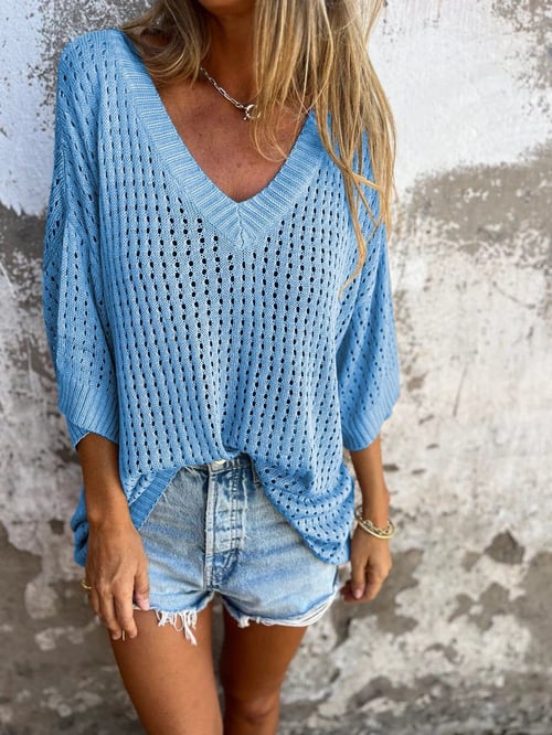 SUE - BLUSA DE PUNTO CON ESCOTE EN V Y DETALLES CALADOS