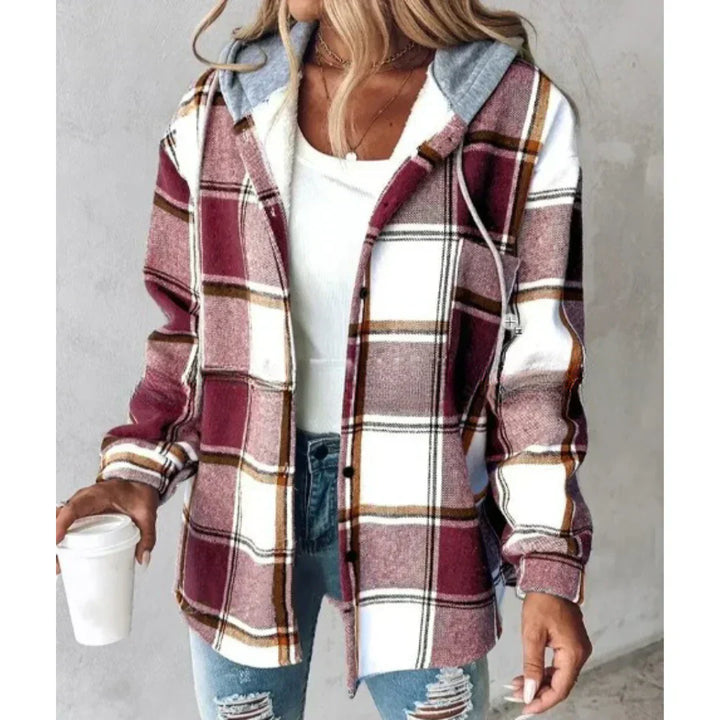 PAIGE™ | Chaqueta con Capucha de Cuadros Chic de Manga Larga y Botones