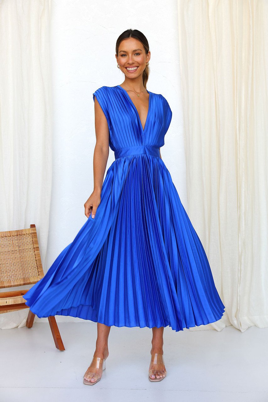 MADISYN - VESTIDO CON FALDA PLISADA Y ESCOTE EN V FLUIDO