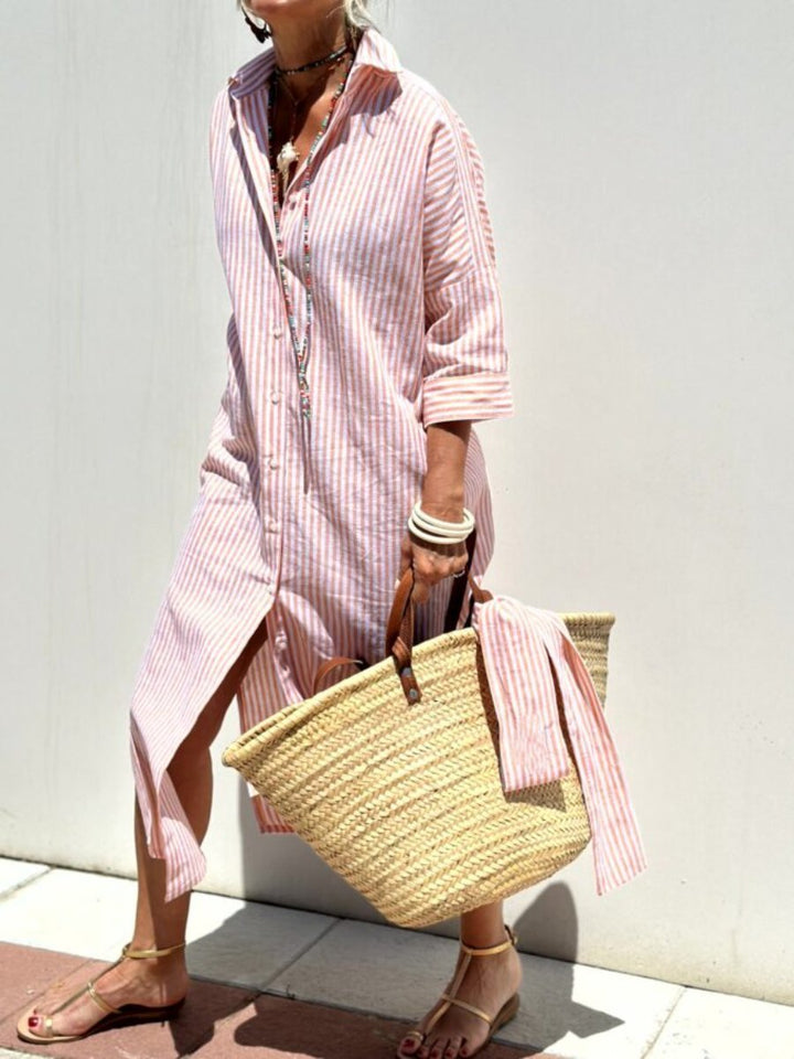 AZENITH - VESTIDO CASUAL A RAYAS CON CORDONES