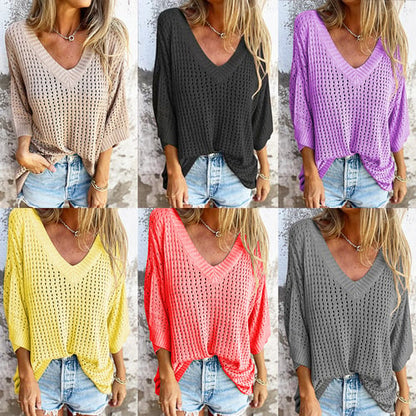 SUE - BLUSA DE PUNTO CON ESCOTE EN V Y DETALLES CALADOS