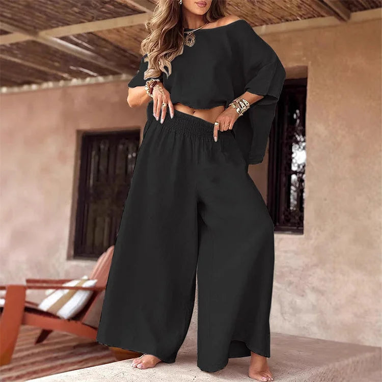 CARLEIGH - CONJUNTO CHIC DE BLUSA HOMBROS DESCUBIERTOS Y PANTALONES