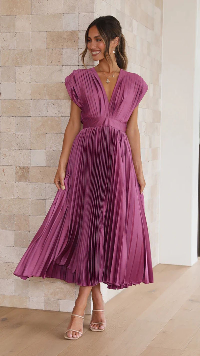 MADISYN - VESTIDO CON FALDA PLISADA Y ESCOTE EN V FLUIDO