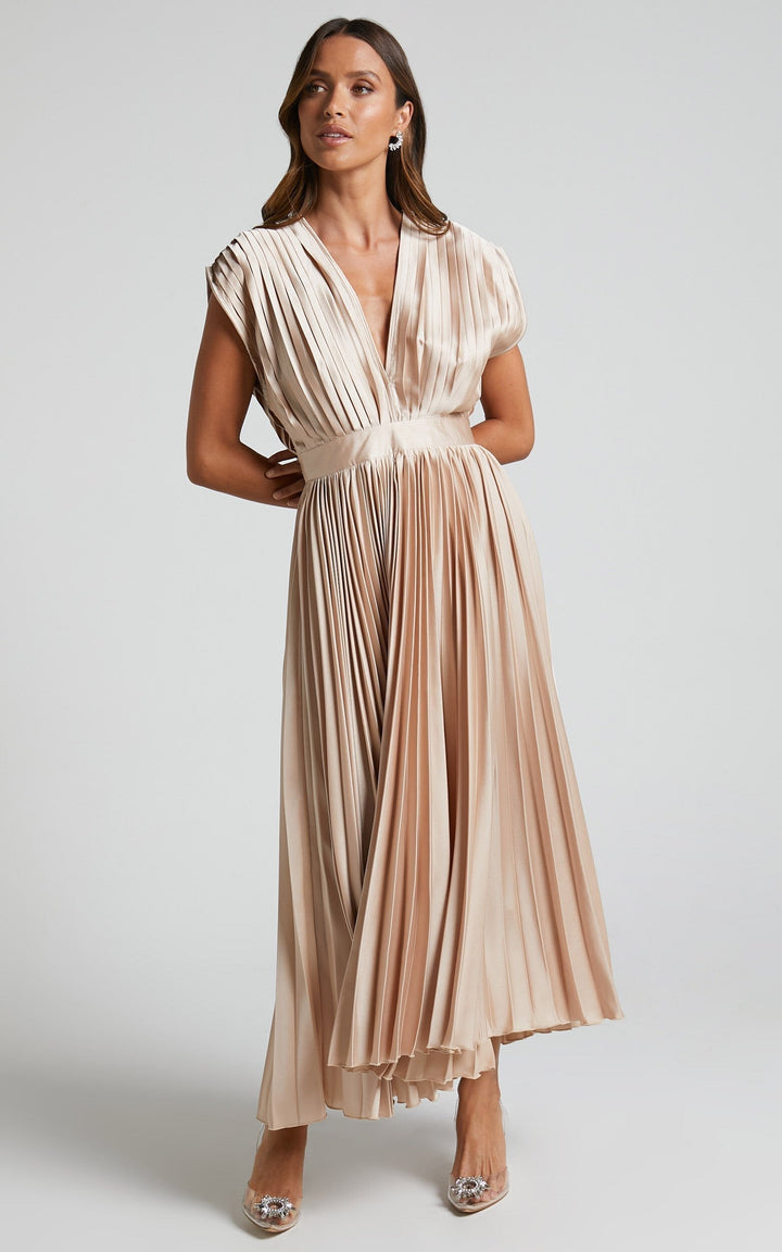 MADISYN - VESTIDO CON FALDA PLISADA Y ESCOTE EN V FLUIDO