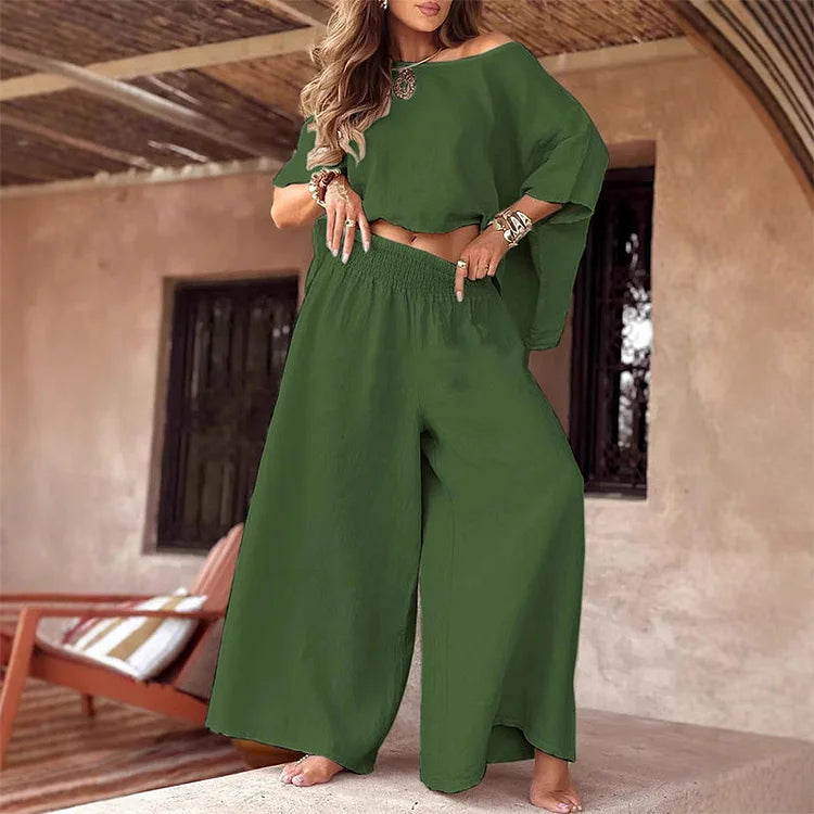 CARLEIGH - CONJUNTO CHIC DE BLUSA HOMBROS DESCUBIERTOS Y PANTALONES