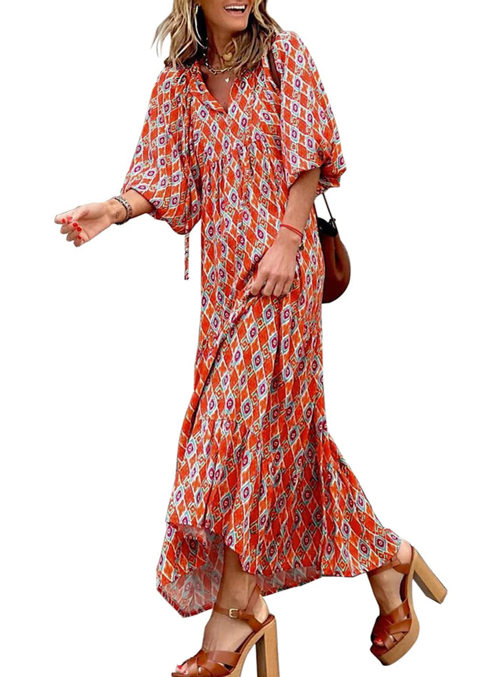 ROMINA - MAXI BOHO CHIC CON MANGAS ABULLONADAS